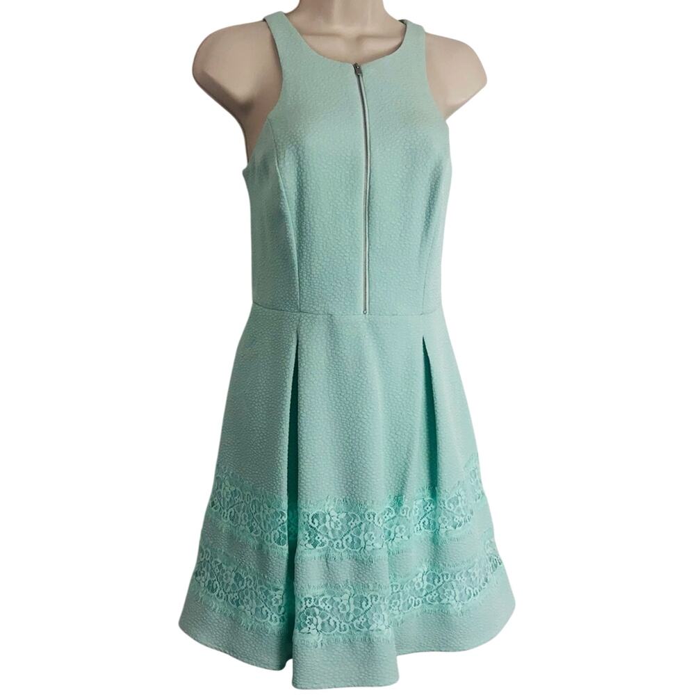 Express Fit & Flare Turquoise Sleeveless Dress Front Zip Pockets Lace Trim - Picture 16 of 16